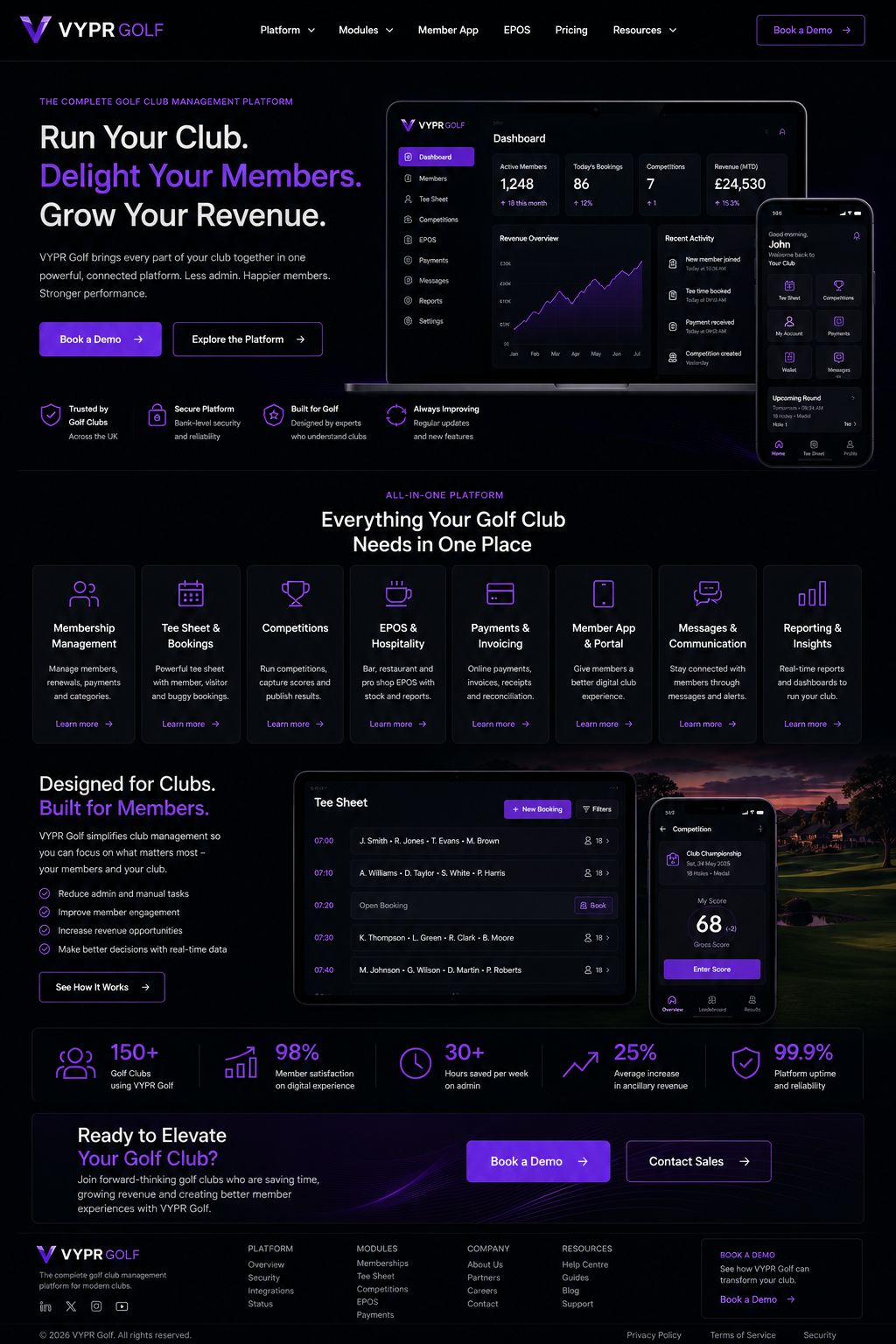VYPR Golf dashboard and member app mockup
